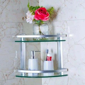2-Tier-Wall-Mounted-Tempered-Glass-Corner-Shelf-with-Aluminum-Rail 2 Tier Wall Mounted Tempered Glass Corner Shelf with Aluminum Rail